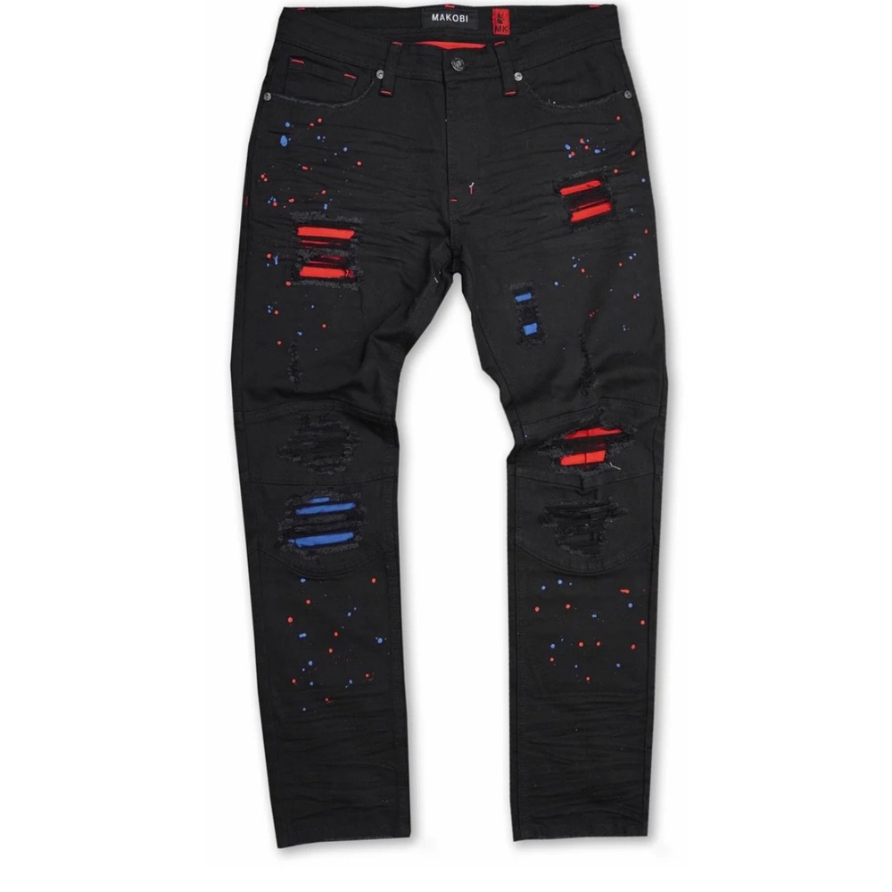 Makobi Distressed Ripped Sanded Biker Jeans Red‎ Blue Splatter Paint Black 36x32
